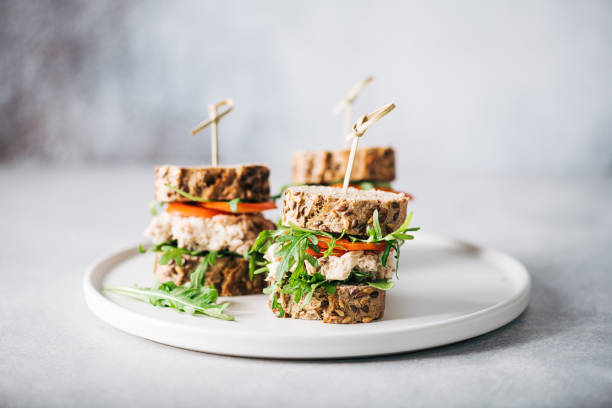 istock sandwich with tuna, arugula and tomato, selective focus 1369979610
