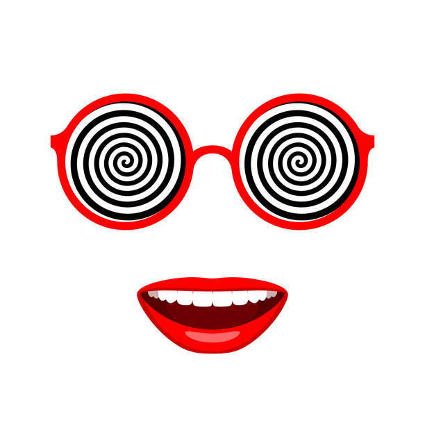 illustrations, cliparts, dessins animés et icônes de drôles de lunettes à bords ronds avec des spirales hypnotiques et une bouche souriante - hypnose