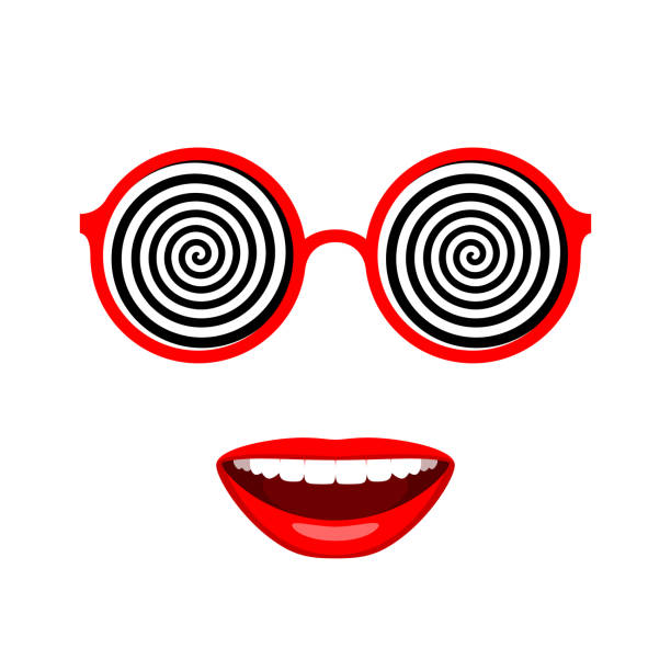 śmieszne okulary w okrągłych oprawkach z hipnotycznymi spiralami i uśmiechniętymi ustami - crazy eyes stock illustrations