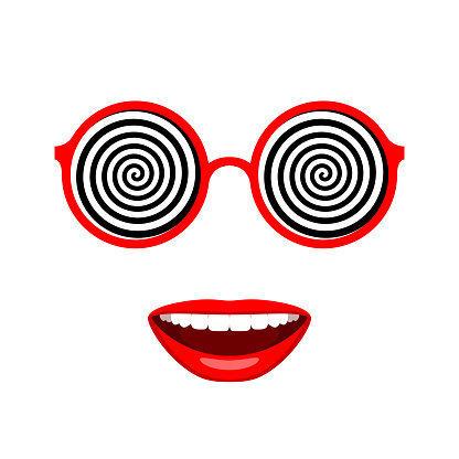 Funny crazy round-rimmed glasses with hypnotic spirals instead of lenses and smiling mouth with bright red lipstick on lips, happy emotions, expression of amazement. Beauty and fashion concept