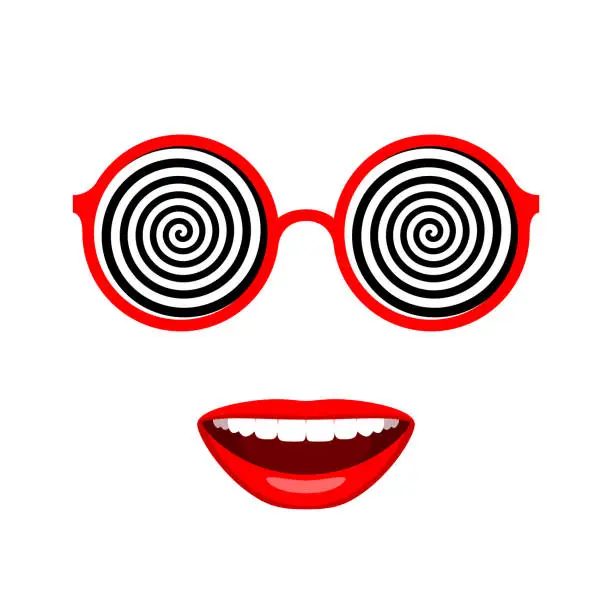 Vector illustration of Funny round-rimmed glasses with hypnotic spirals and smiling mouth
