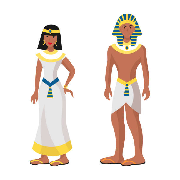 이집트 민속 국가 축제 의상을 입은 소녀와 남자 - 벡터 - pharaoh stock illustrations
