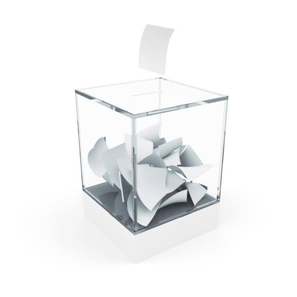 Glass Vote Box with Envelope isolated on white background stock photo