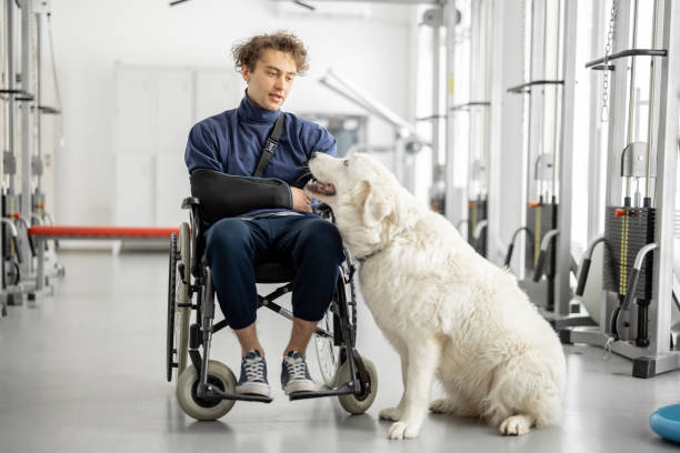 chico con discapacidad en silla de ruedas con su perro de asistencia en el centro de rehabilitación - service dog fotografías e imágenes de stock