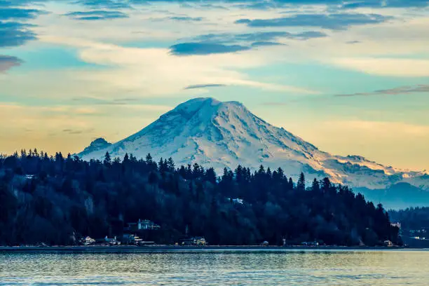 A view ofr Mount Rainier from Burien, Washington at sunset.