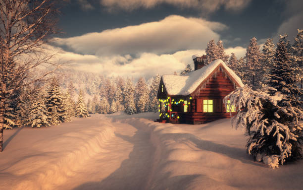 paesaggio invernale idilliaco - hut winter snow mountain foto e immagini stock