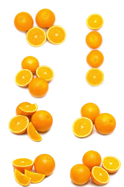 Collection of different orange fruit images isolated on white background