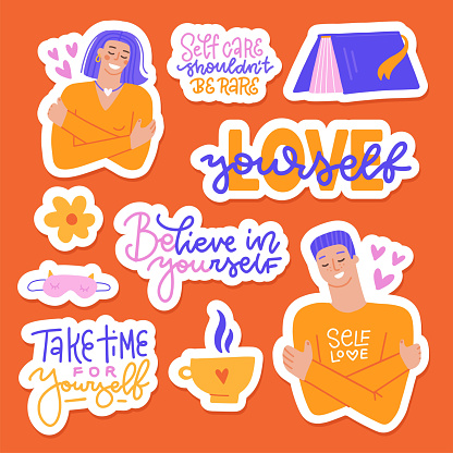 Collection of love yourself stickers. Love, care, me time concept. Cute woman and man hugging themselves. Set of heart shape and lettering elements. Flat hand drawn vector illustration.