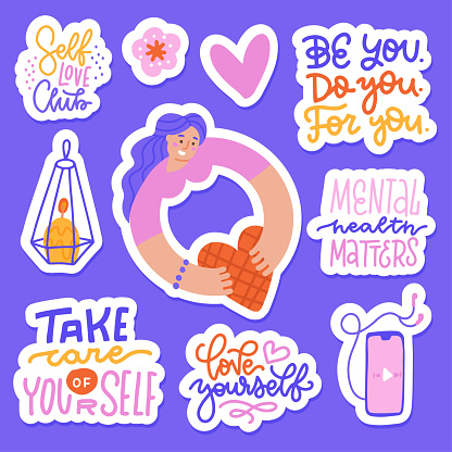 Self care icons and stickers collection. Love, self care, relax, slow life concept. Cute girl holding heart. Heart, music, candle and lettering elements. Set of flat cartoon vector illustrations.