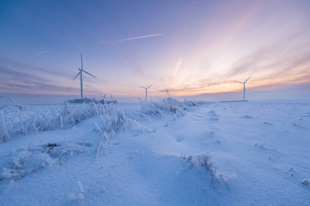 Beautiful sunrise above wind power plant