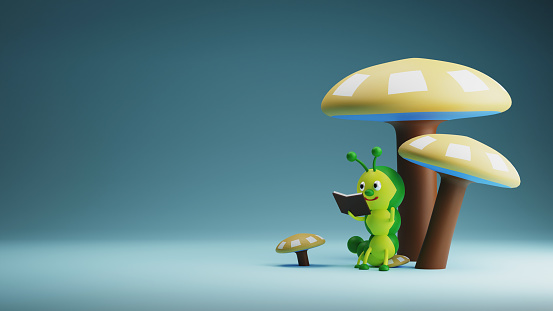 A worm reading a book under the mushroom, 3D Rendering