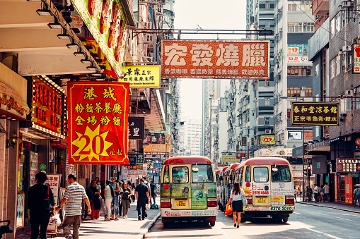 Street Scene with busses in Hongkong, China