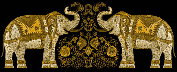 hochzeit vintage gold gruß, einladung, valentinskarte mit aquarell golden bemalt fantasie elefanten, blumenstrauß auf schwarzem hintergrund - backgrounds elephant illustration and painting india stock-grafiken, -clipart, -cartoons und -symbole
