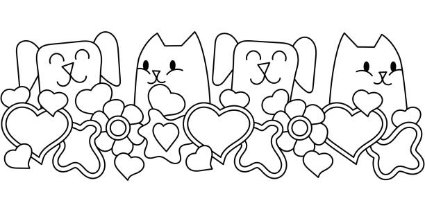 illustrazioni stock, clip art, cartoni animati e icone di tendenza di simpatici animali kawaii, fiori e cuori. pagina del libro da colorare per bambini. - web page backgrounds doodle frame