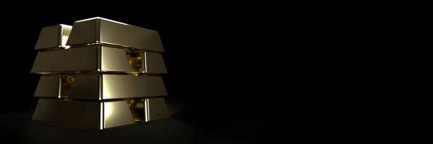 istock Stack of Gold ingot bars laying on black background, copy space 1370000855