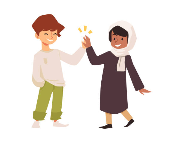 ilustrações, clipart, desenhos animados e ícones de garota muçulmana em hijab dá alta cinco para menino branco sorridente, vetor de desenho animado. dois filhos de diferentes heranças são amigos. - hijab profile teenager islam