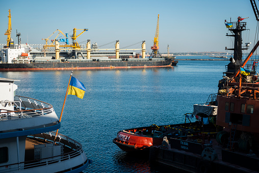 The Ukrainian flag flies from the stern of a ship in the Black Sea port of Odessa, Ukraine, on September 16, 2016.