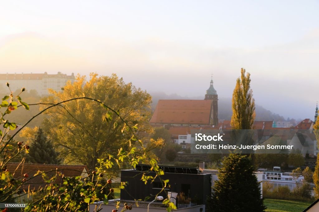 Morning mood in Pirna in Saxon Switzerland Oktober 24, 2021, Pirna: View of the old town of Pirna in Saxon Switzerland Autumn Stock Photo