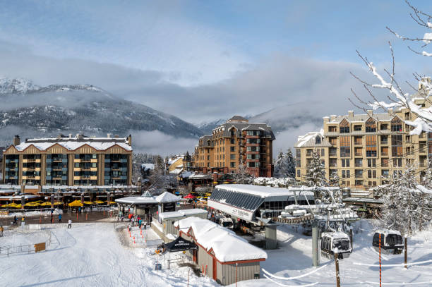 Whistler Village during day Top ski resorts in the world. Best winter travel destinations in Canada. whistler mountain stock pictures, royalty-free photos & images