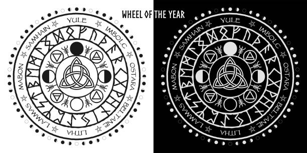 Wheel of the year vector illustration of pagan equinox holidays ostara, beltane, litha. Wiccan magical solstice calendar. Futhark runes, cycles of the moon, four elemental elements, Altar poster, wiccan holidays Wheel of the year vector illustration of pagan equinox holidays ostara, beltane, litha. Altar poster, wiccan holidays. Wiccan magical solstice calendar. Futhark runes, cycles of the moon, four elemental elements. first day of spring stock illustrations