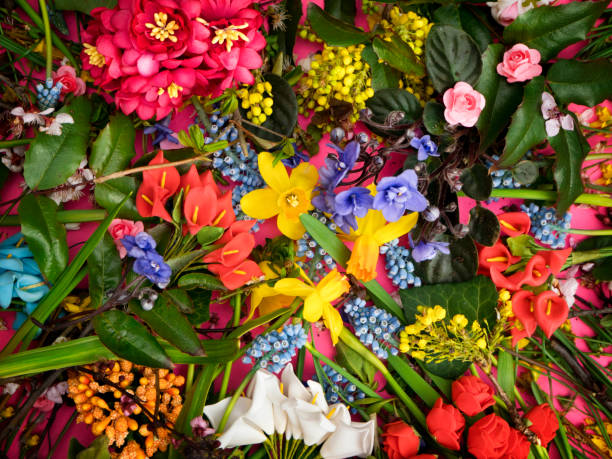 istock Creative layout background made of colorful spring flowers 1370008487