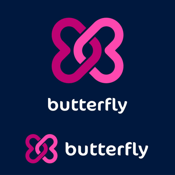 Butterfly emblem. Love icon. Two pink crossed hearts on a dark background. Icon for internet chat, web application, online communication, dating website, beauty products, female clothes. infinity heart stock illustrations