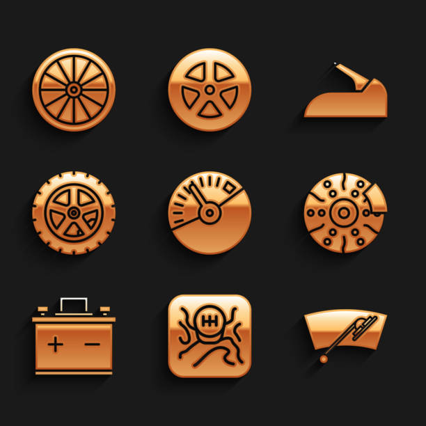 istock Set Speedometer, Gear shifter, Windscreen wiper, Car brake disk with caliper, battery, wheel, handbrake and icon. Vector 1370009867