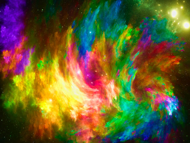 istock Bright space theme background - colorful strokes and stars - 3d illustration 1370009951