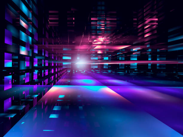 Futuristic street or datacenter - abstract 3d illustration. Fractal - digital art. Composition of glass blocks with perspective and light effects. Information technology or sci fi concept.