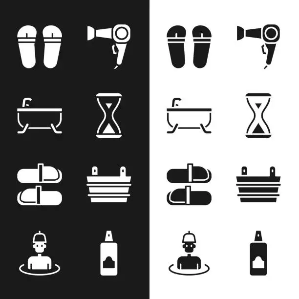 Vector illustration of Set Sauna hourglass, Bathtub, Flip flops, Hair dryer, slippers, bucket, Spray can for hairspray and Man in the sauna icon. Vector