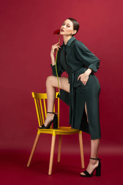 istock model posing near chair standing with gerbera flower 1370012369