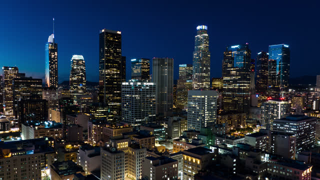 Sweeping Drone Time Lapse Shot of Downtown Los Angeles from Day to Night