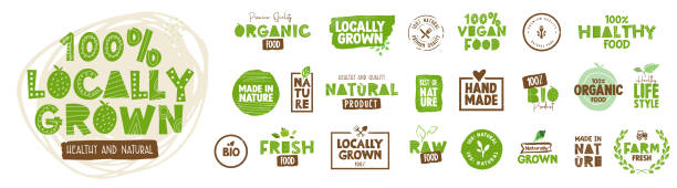 ilustrações, clipart, desenhos animados e ícones de elementos orgânicos de qualidade premium para o mercado de alimentos, comércio eletrônico, promoção de produtos orgânicos, restaurante, vida saudável. - 100 organic
