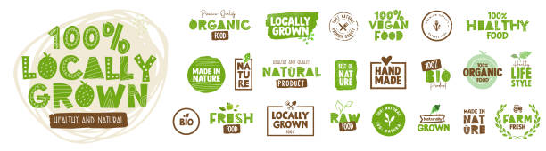 Premium quality organic elements for food market, ecommerce, organic products promotion, restaurant, healthy life. Vector illustration concepts for web design, packaging design, marketing. organic logo stock illustrations