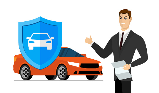 Car insurance in service center banner. Businessman with document shows thumbs up. Blue shield sign with automobile. Transport protection and security advertising design. Auto vehicle guard service