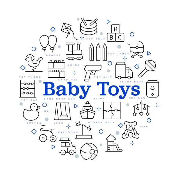 Vector illustration of Baby toys. Vector design with icons and keywords.