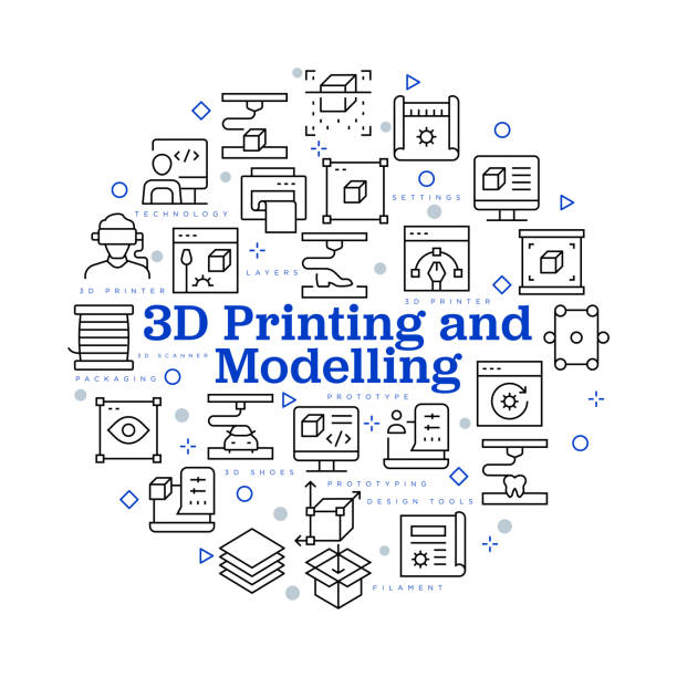 3D printing and modelling concept. Vector design with icons and keywords.