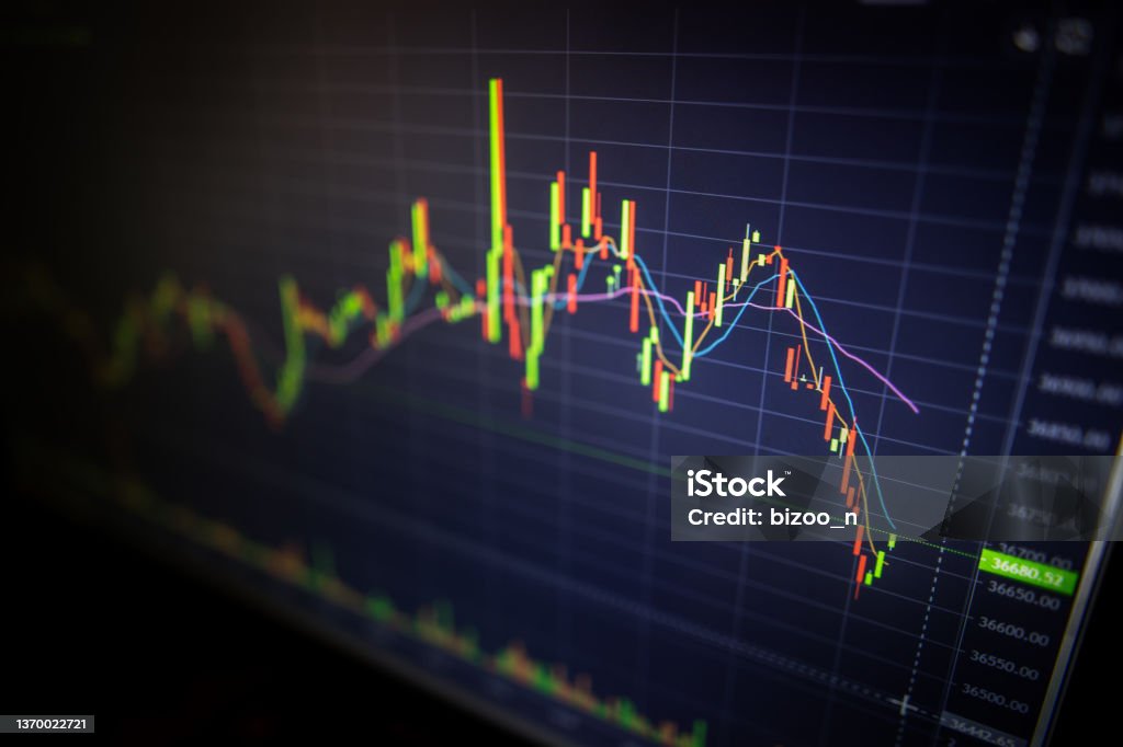 Digital screen with financial trading chart and cryptocurrency price trend. Digital screen with financial trading chart and market quotes and statistics showing cryptocurrency price trend. Technical price candlestick chart graph and indicator stock online trading. Forex investment business illustration. Binary Code Stock Photo