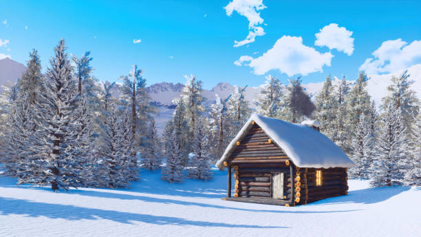 istock Snowbound log cabin in mountains at winter day 3D 1370027024