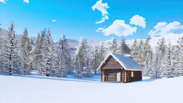 Aerial view of man and mountain hut in snowstorm, backcountry ski trip, British Columbia