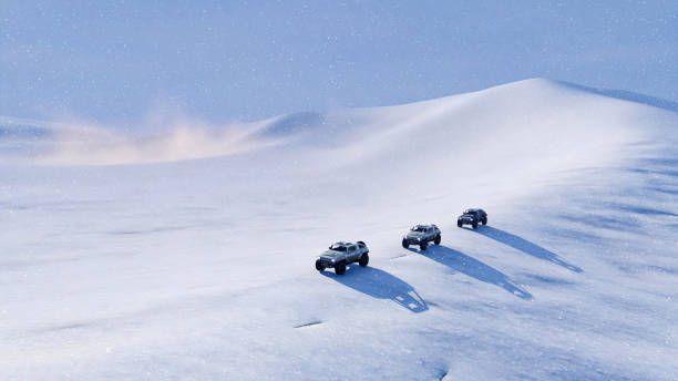 istock Off-road vehicles in snowy desert at snowstorm 3D 1370027083