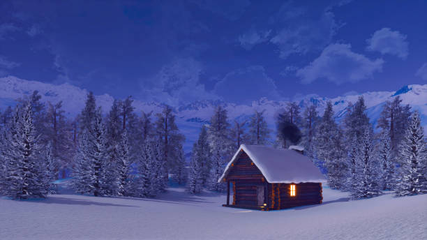 Solitary log cabin in mountains at winter night 3D
