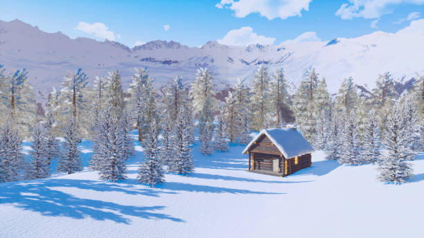 istock Winter landscape with cozy log cabin in mountains 1370027106