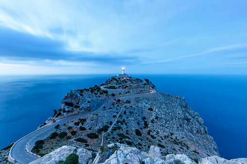 Mallorca lighthouse blue hour Majorca Cap Formentor landscape Mediterranean Sea Spain copyspace travel copy space