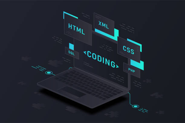 Programming and coding Programming and coding. Modern technologies, programming. Creation of pages for websites. Digital world and development of new programs and applications, laptop. Isometric vector illustration cascading style sheets stock illustrations