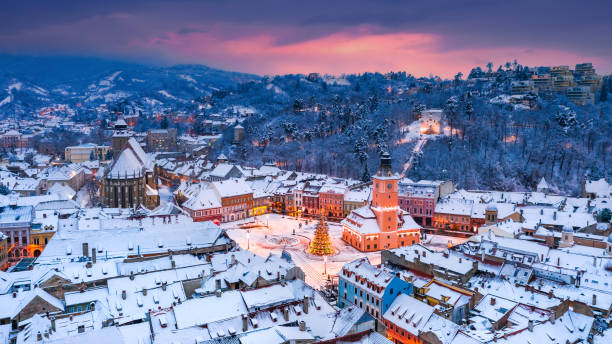 istock Brasov, Romania - Council Square and Christmas tree aerial view, 1370035699