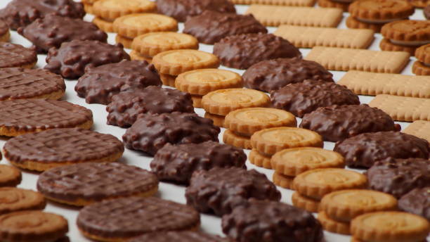 istock Close-up photo of beautiful chocolate glazed cookies, round filled and rectangular crackers stacked in rows in a beautiful pattern 1370035735