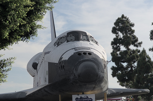 Los Angeles, California, USA - October 13, 2012: historic image of the Space Shuttle Endeavour shown on Crenshaw Boulevard. as it's transported to the California Science Center.