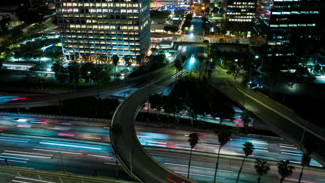 Aerial Time Lapse of Los Angeles Freeway at Night