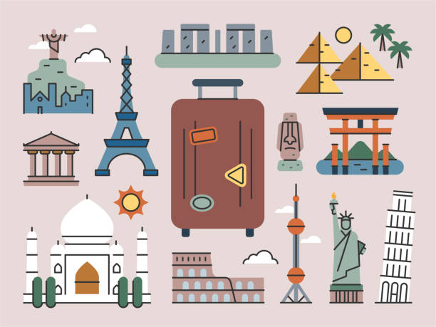 World Travel & Landmarks—Brightline Series Multicolor illustration with editable stroke. Vector artwork is easy to colorize, manipulate, and scales to any size. travel sticker stock illustrations